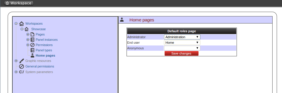 Home page per role configuration screen