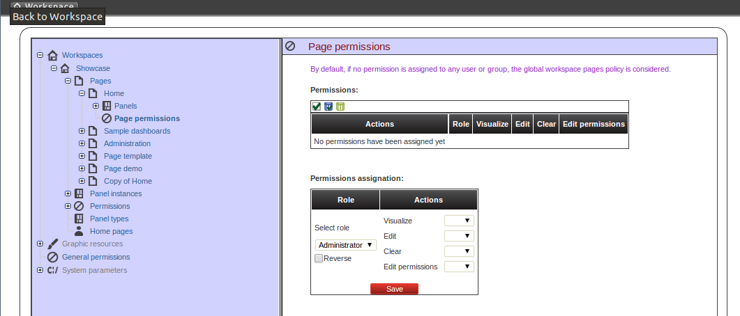 Page permissions configuration screen