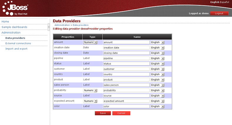 Data provider properties configuration panel