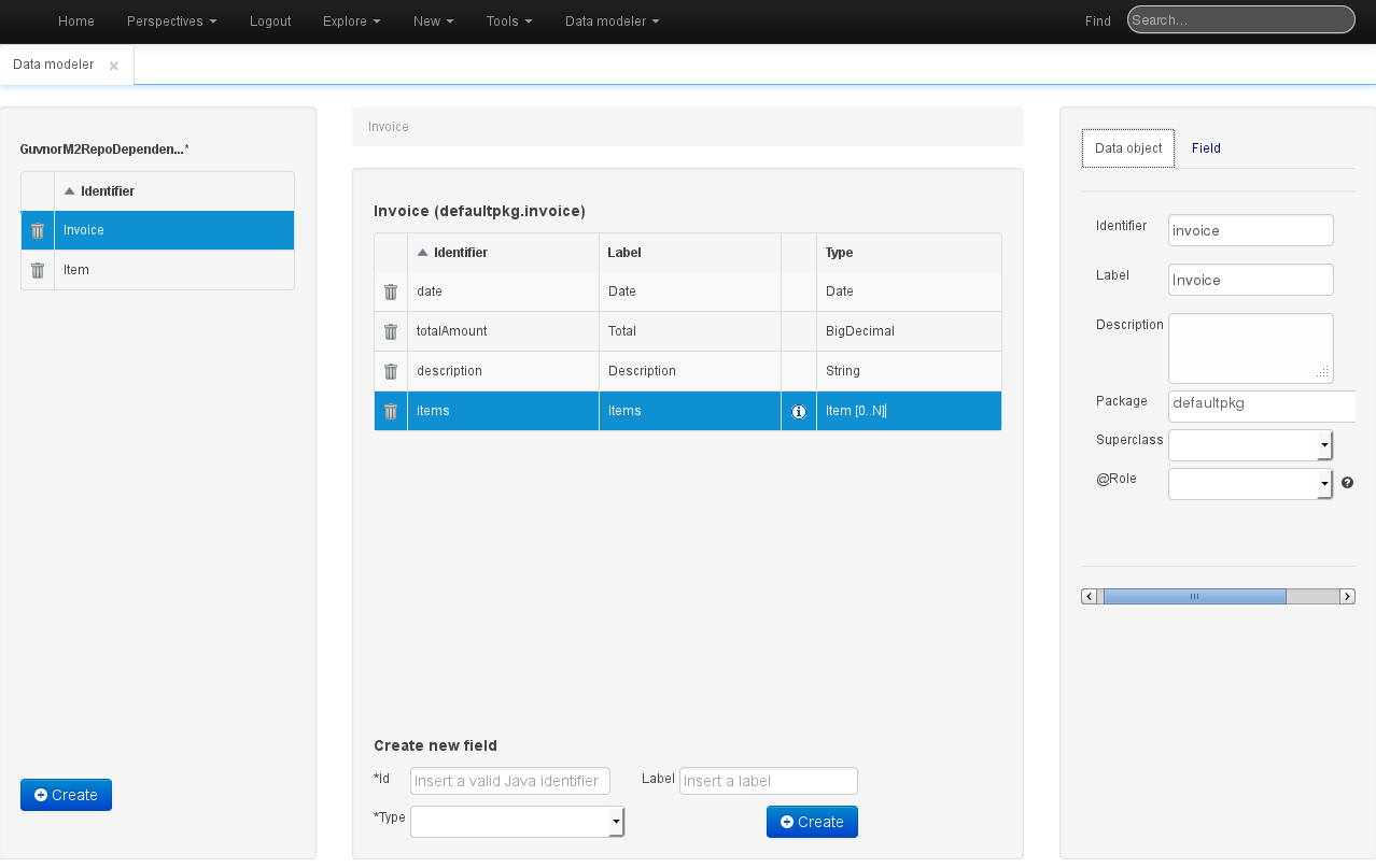 The Data Modeller screen