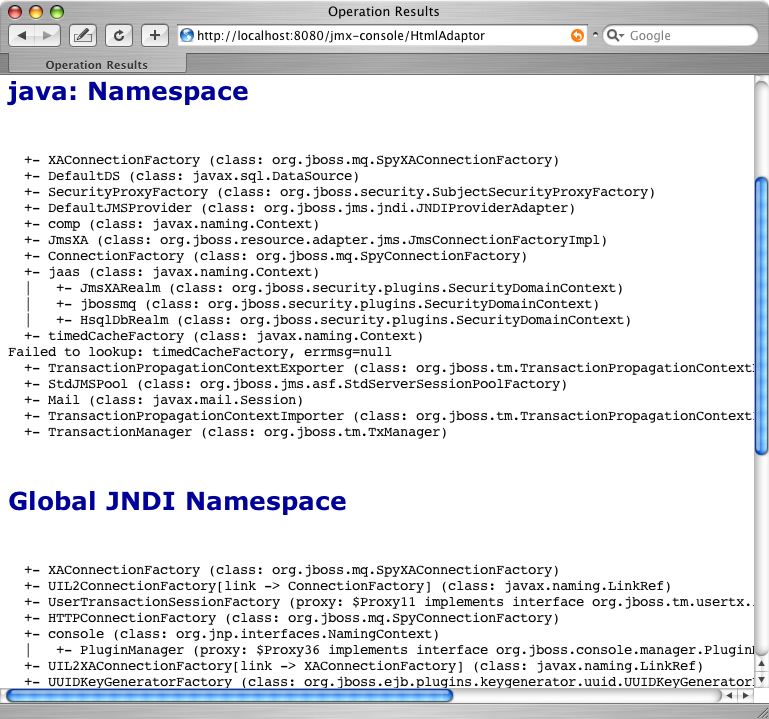 The JMX Console view of the JNDIView list operation output