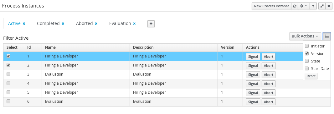 process instances column selector