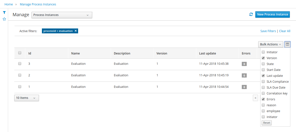 process instances process id variables