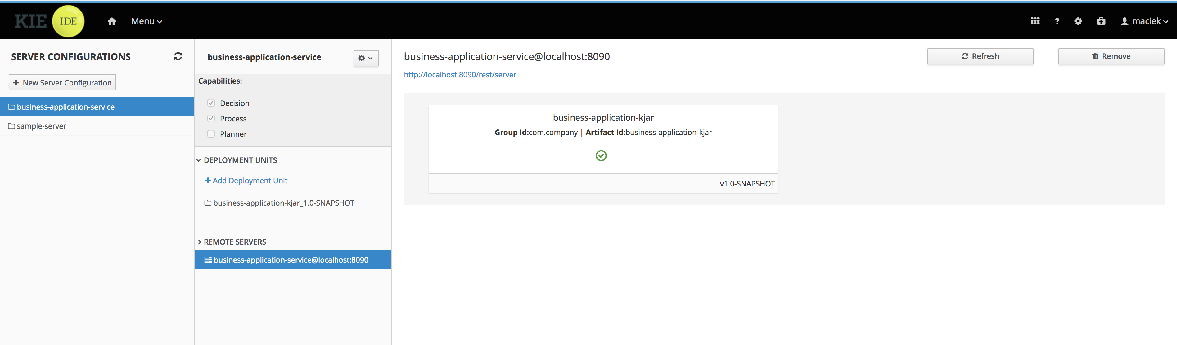 Connected business application with deployed project