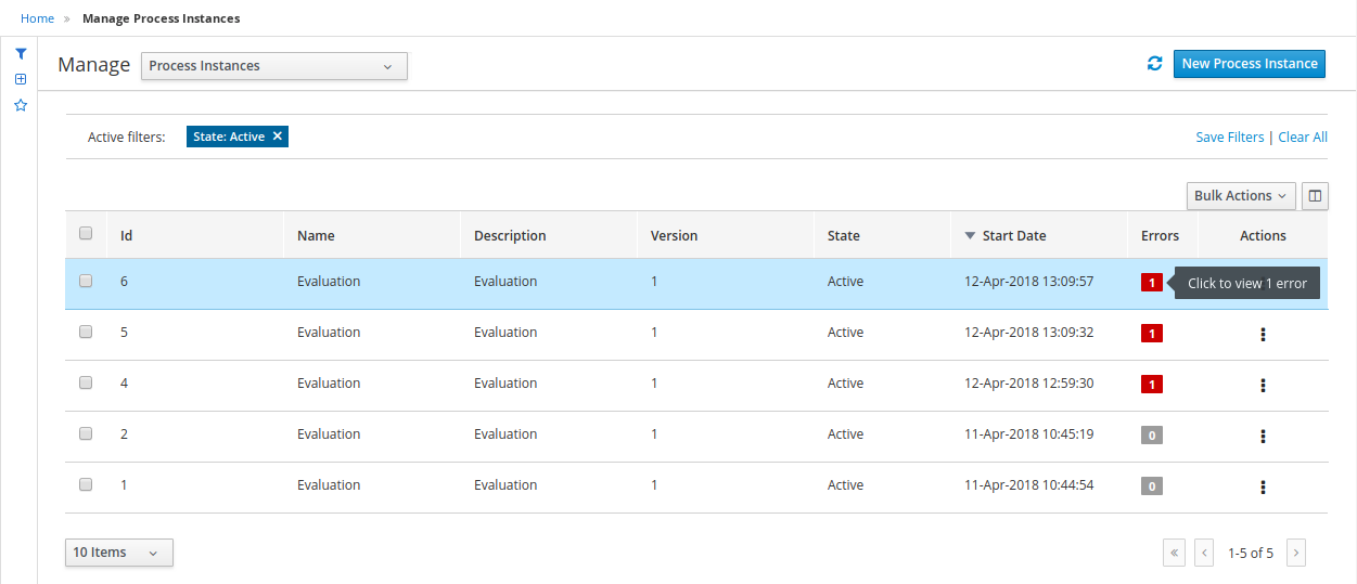 process instances error