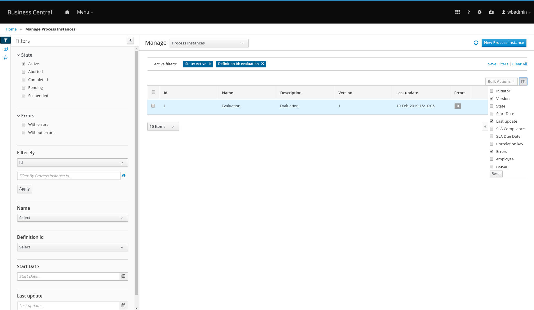 process instances process id quick filter