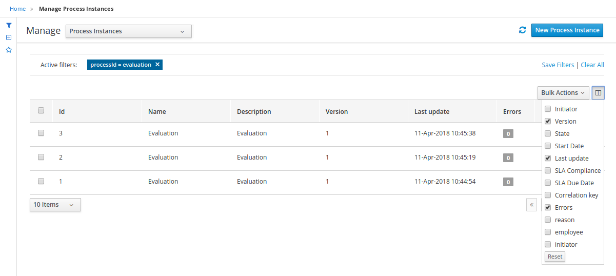 process instances process id variables