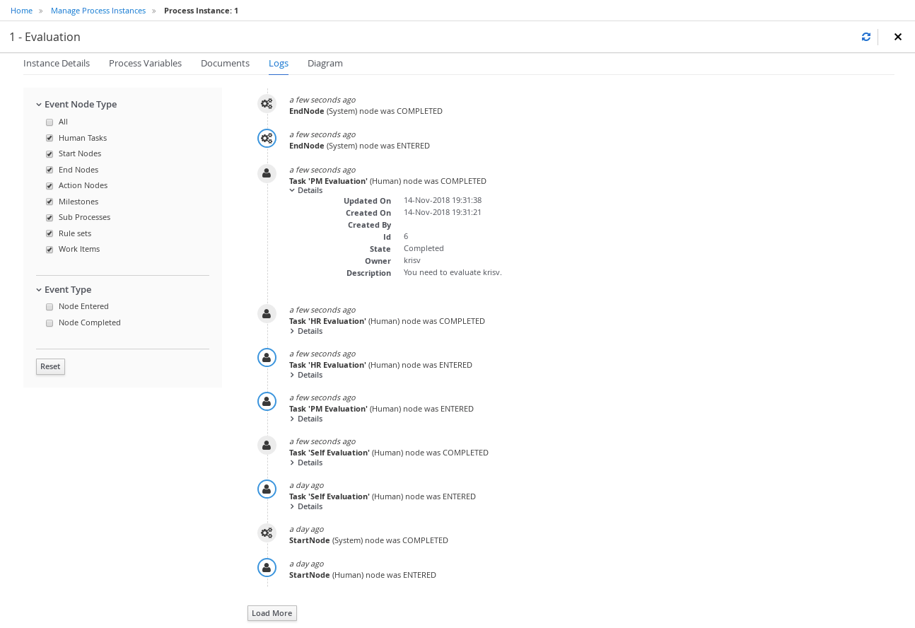 process instances logs