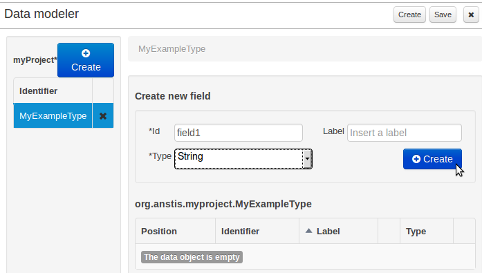 Selecting "Create" (field)