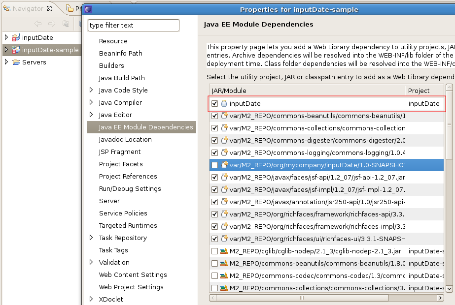 Java EE Module Dependecies selection