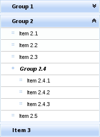 A panel menu. The first menu group is collapsed. The second menu group is expanded; it contains menu items and a further menu group