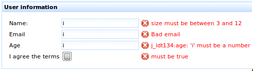 Failed validation checks are reported using +<rich:message>+ components.