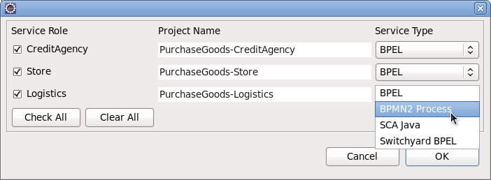 Dialog for specifying the service generation information information for each role in the source model