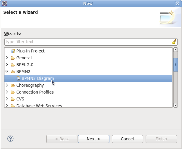 Select the 'New->Other...' menu item to create a BPMN2 diagram