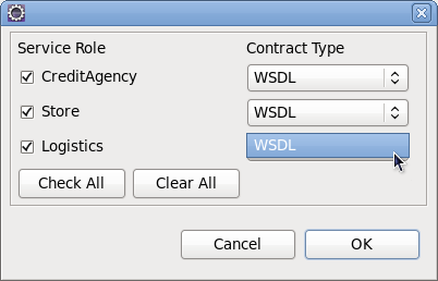 Dialog for specifying the service contract information for each role in the source model