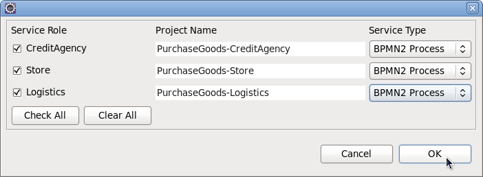 Dialog for generating BPMN2 based services