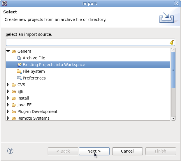 Import existing project into workspace