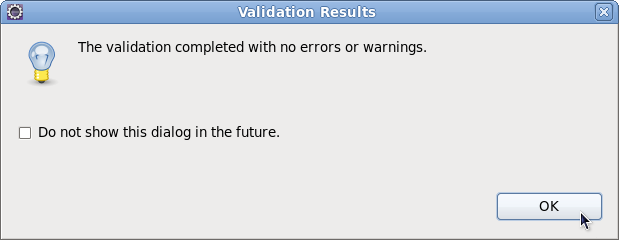 Dialog showing successful validation of the XML document against its schema