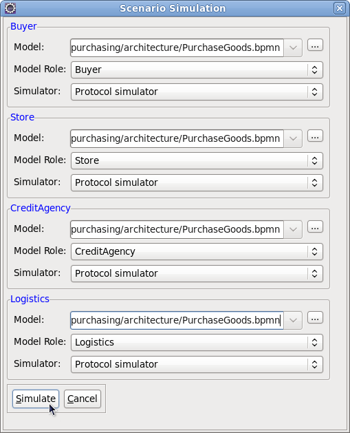 Scenario simulation dialog initialized with choreography simulation details