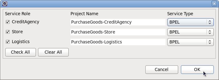 Dialog for generating BPEL based services