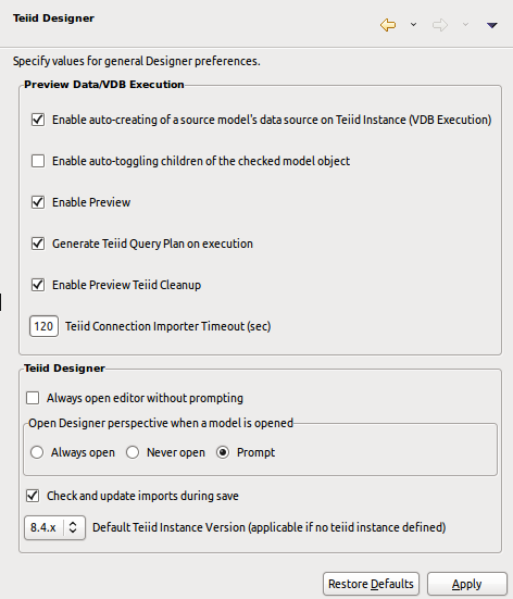 General Teiid Designer Preferences Panel