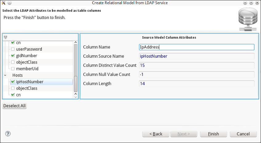 Select the LDAP Attributes to be modelled as columns page