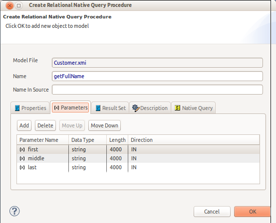 Create Relational Native Query Procedure Dialog