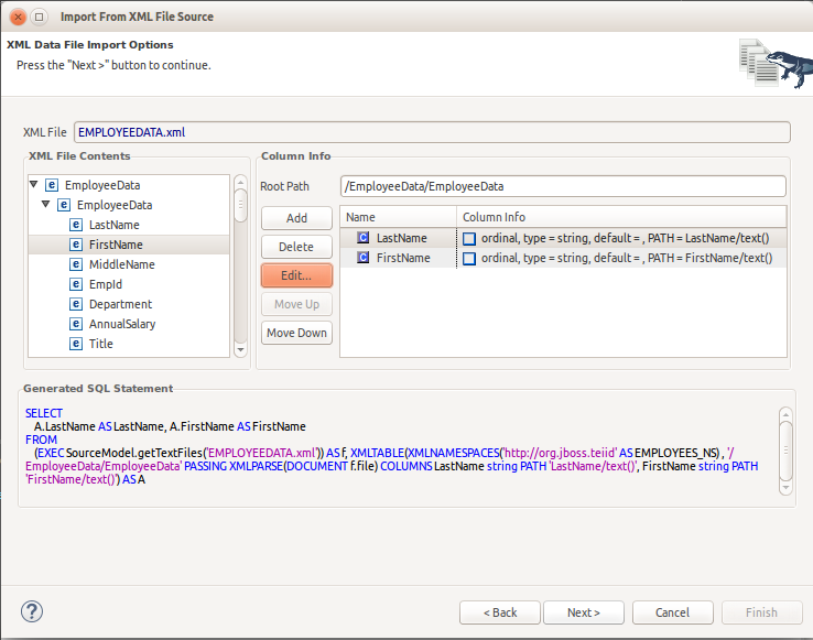 XML File Delimited Columns Options Page