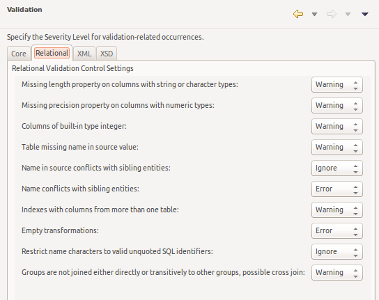 Relational Model Validation Preferences Panel