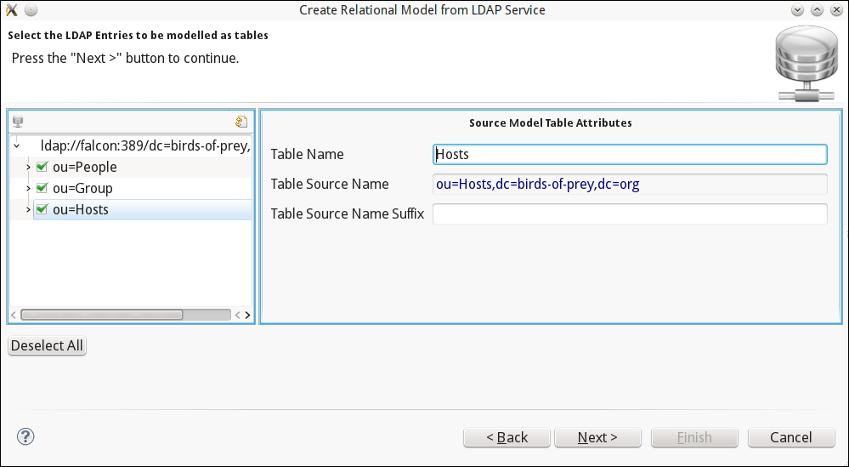 Select LDAP entries to be modelled as tables page