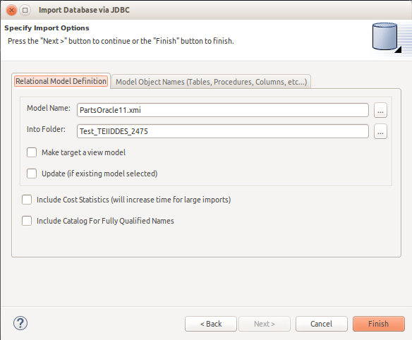 Specify Import Options Dialog - Relational Model Definition