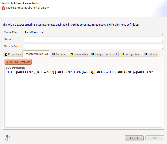 Create Relational View Table Dialog