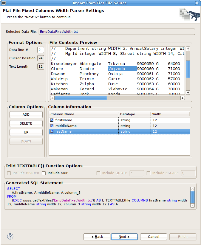 Flat File Fixed Columns Width Options Page