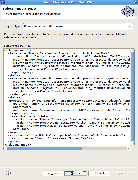 Select Import Type - Relational Model (XML Format)