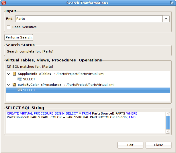 Search Transformations Dialog