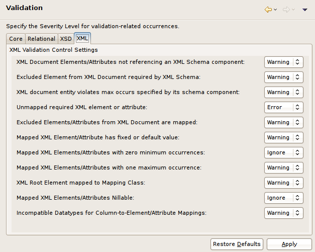 XML Document Model Validation Preferences Panel