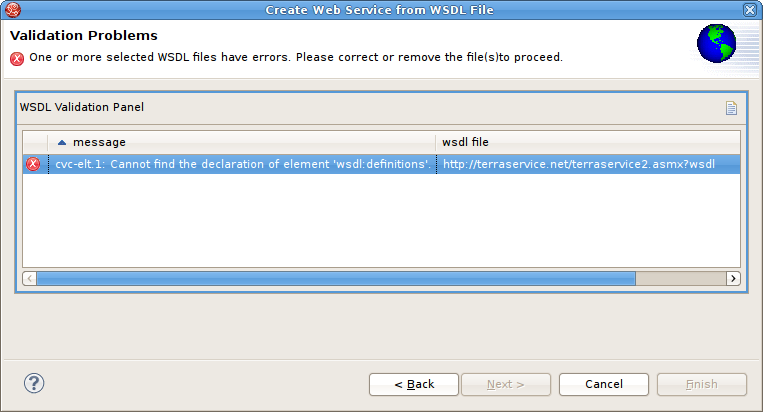 WSDL Validation Problems Dialog