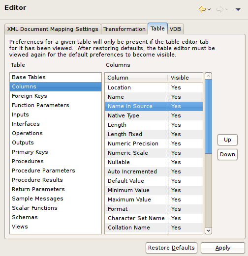 Table Editor Preferences Panel