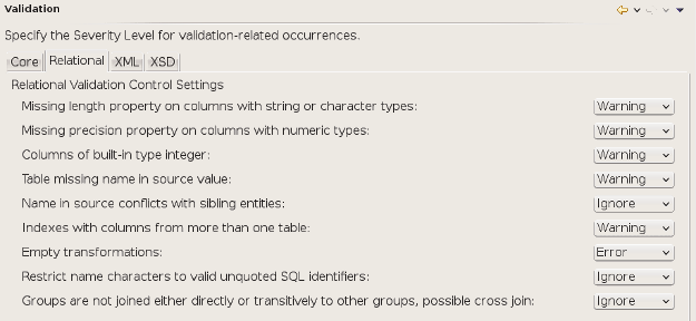 Relational Model Validation Preferences Panel