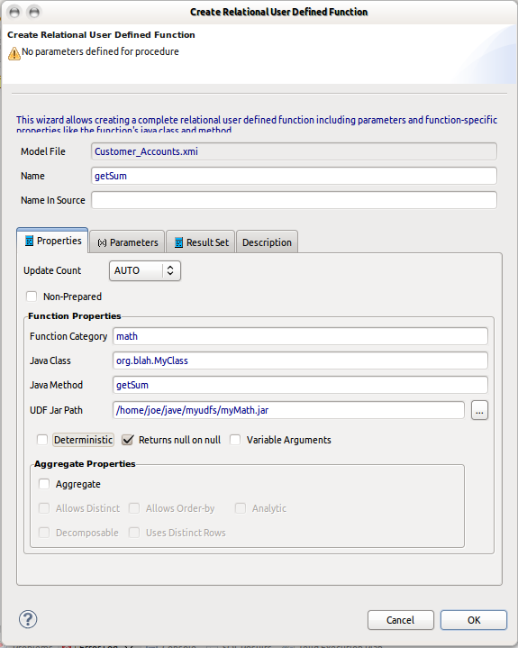 Create Relational User Defined Fuction Dialog