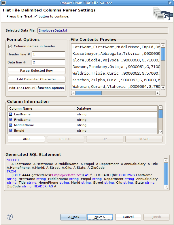 Flat File Delimited Columns Options Page