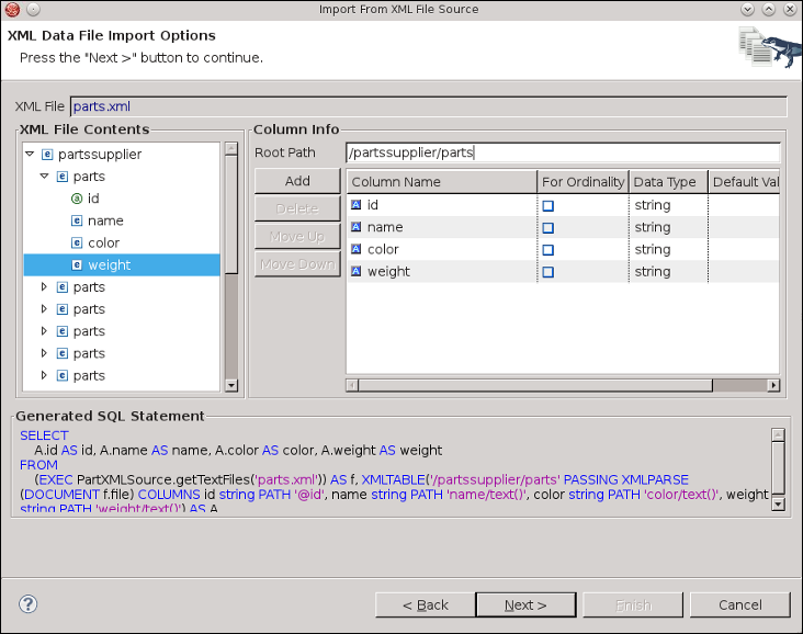 XML File Delimited Columns Options Page