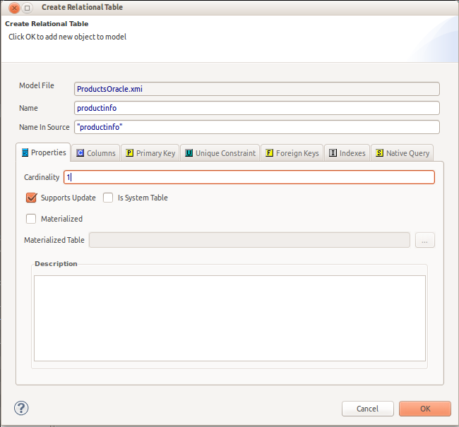 Create Relational Table Dialog