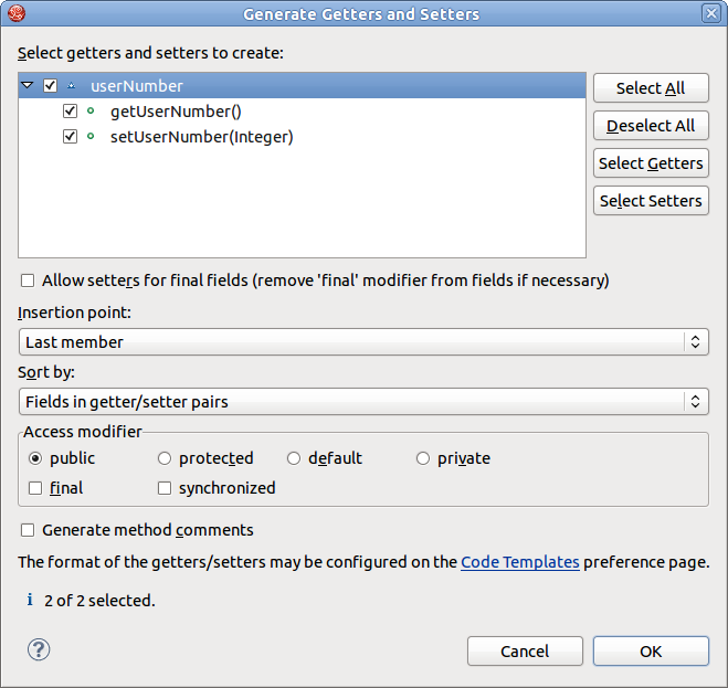 Generate Getters and Setters