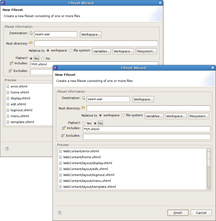 The FileSet with flattening and without it