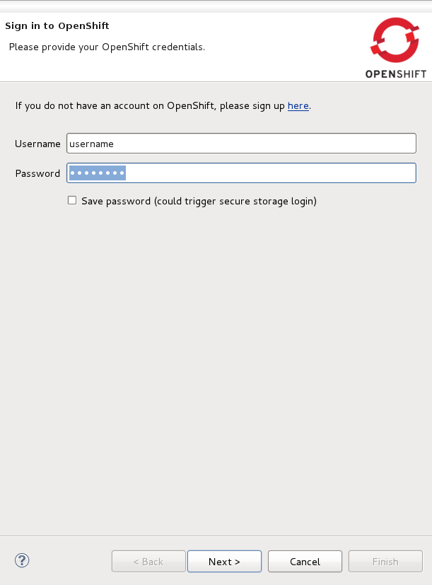 Sever connection screen where you will input your username and password for OpenShift or you can sign up for an account.