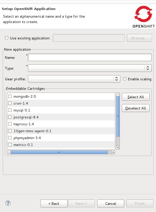 Specifying the name and cartridge for the new OpenShift application.