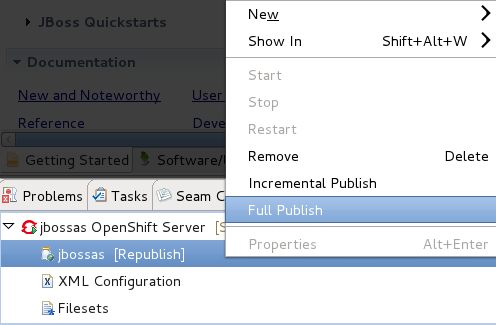 Selecting Full Publish to the OpenShift server, from the context menu of the project.