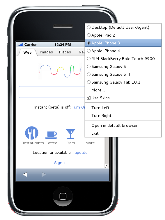 Mobile web browser device selection