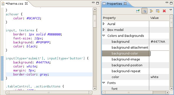 Updating css using Properties view